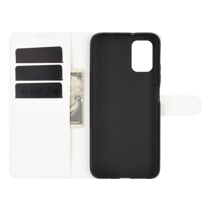 White flip wallet phone case with card slots, open view, and cutout for camera