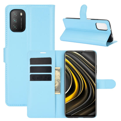 Light blue litchi-texture flip protective phone case with card slots and stand wallet flap