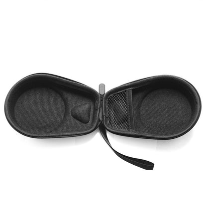 Open black speaker case with dual compartments, mesh pocket, and wrist strap