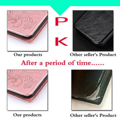 Rose gold leather phone case corner with floral embossed flap and textured finish