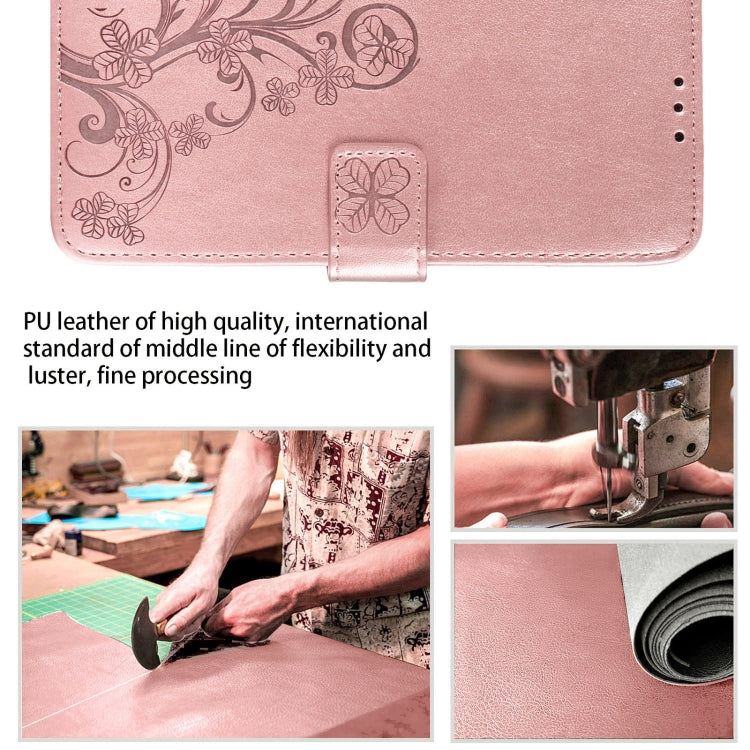 Rose gold leather phone case with floral embossing and stitched card-slot panel
