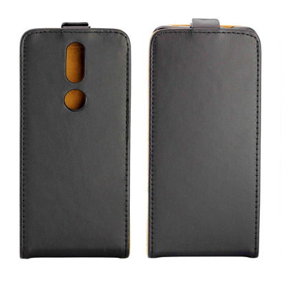 Black flip phone case with card slot opening and camera cutout, faux leather texture