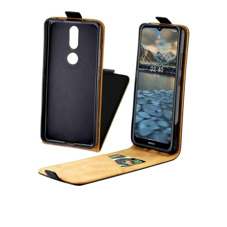 Black vertical flip phone case with card slot, front view and back view with camera cutout