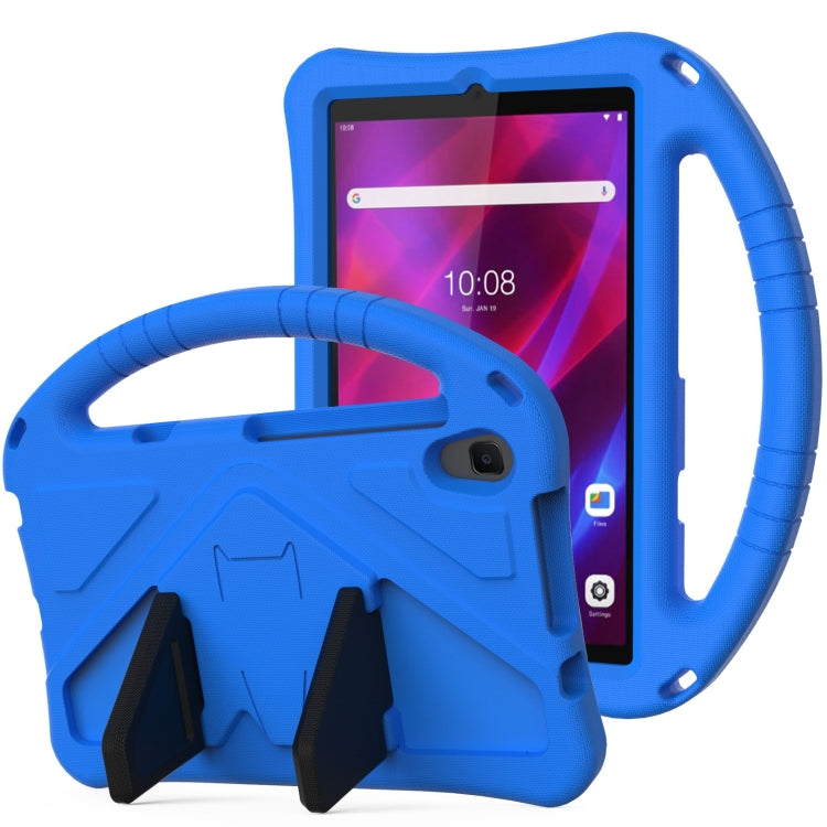 Blue rugged protective tablet case shell with handle holder and front screen opening