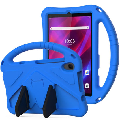 Blue rugged protective tablet case shell with handle holder and front screen opening
