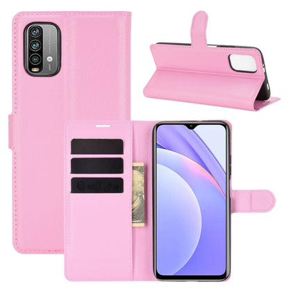 Pink litchi-texture flip wallet phone case with card slots and stand