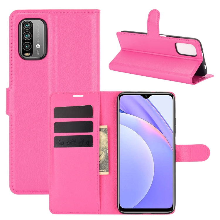 Magenta litchi-texture flip wallet phone case with card slots and stand