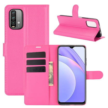 Magenta litchi-texture flip wallet phone case with card slots and stand