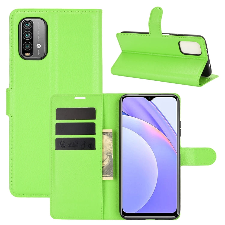 Green litchi-texture flip wallet phone case with card slots and stand