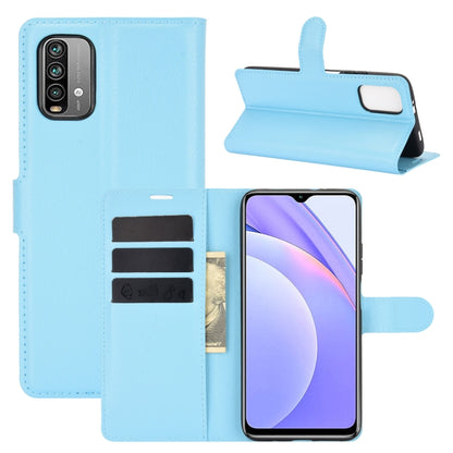 Light blue litchi-texture flip wallet phone case with card slots and stand