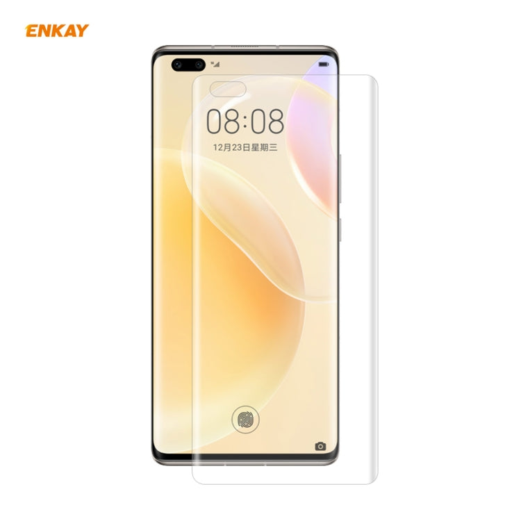 Clear curved PET screen protector over a smartphone display with camera cutout