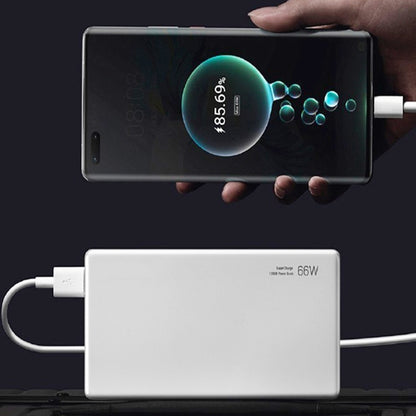 USB-C charging cable connected to a smartphone with a 66W charging adapter