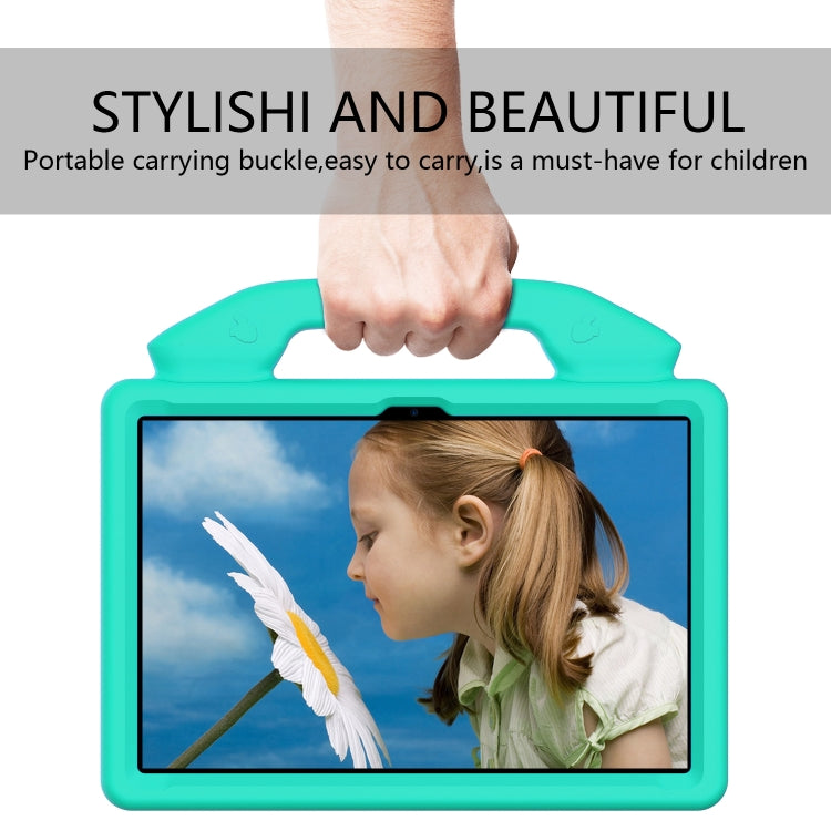 Teal kids tablet cover with front handle and carrying thumb grip