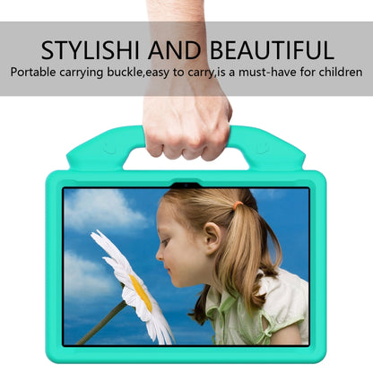 Teal kids tablet cover with front handle and carrying thumb grip