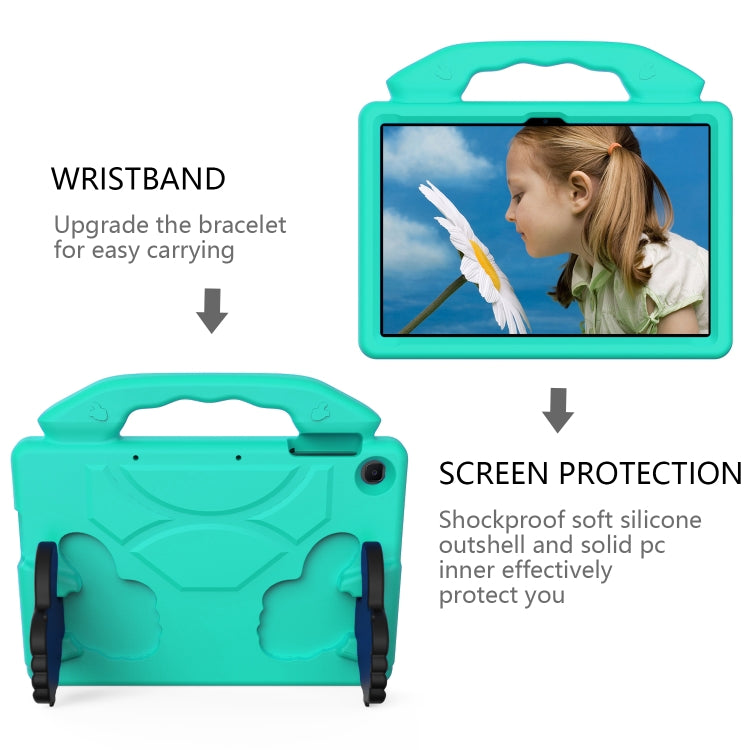 Teal kids tablet case with wrist strap and screen protection