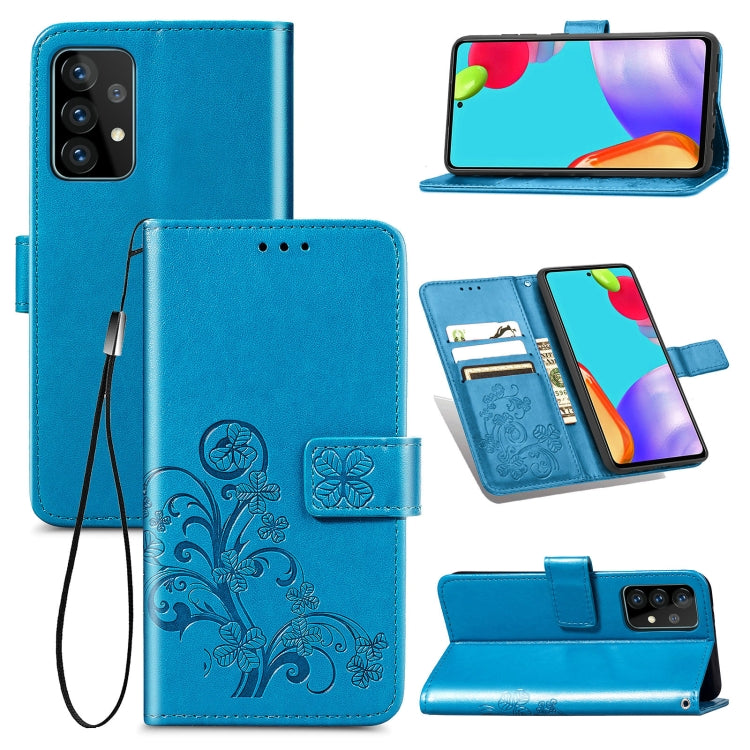 Blue leather wallet phone case with floral emboss, lanyard, card slots, and stand