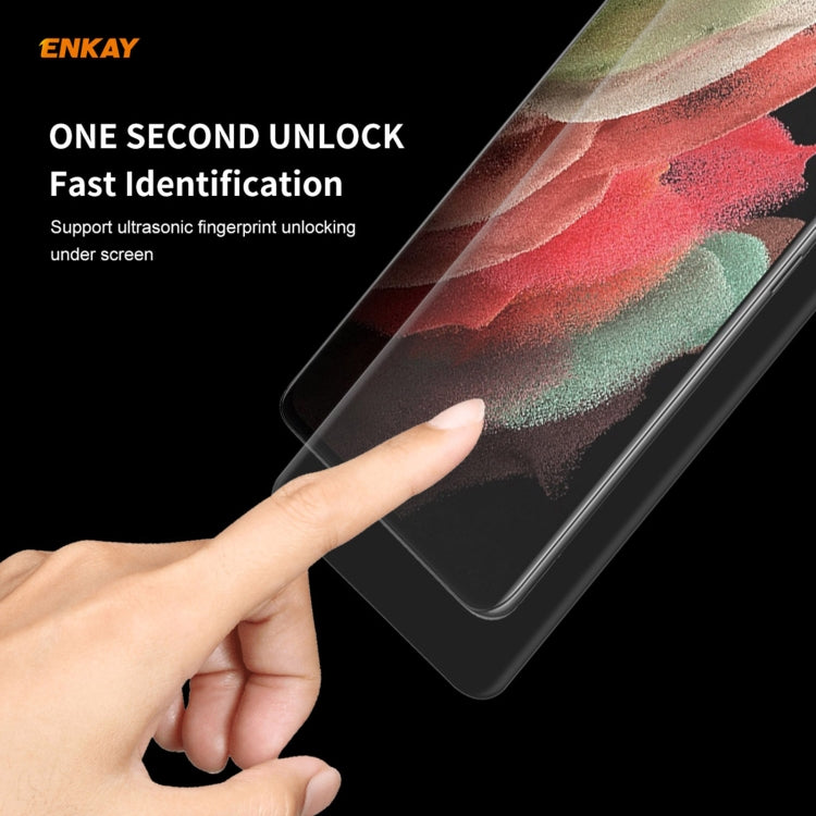 Curved transparent screen protector film on Galaxy S21 Ultra, finger swipe over