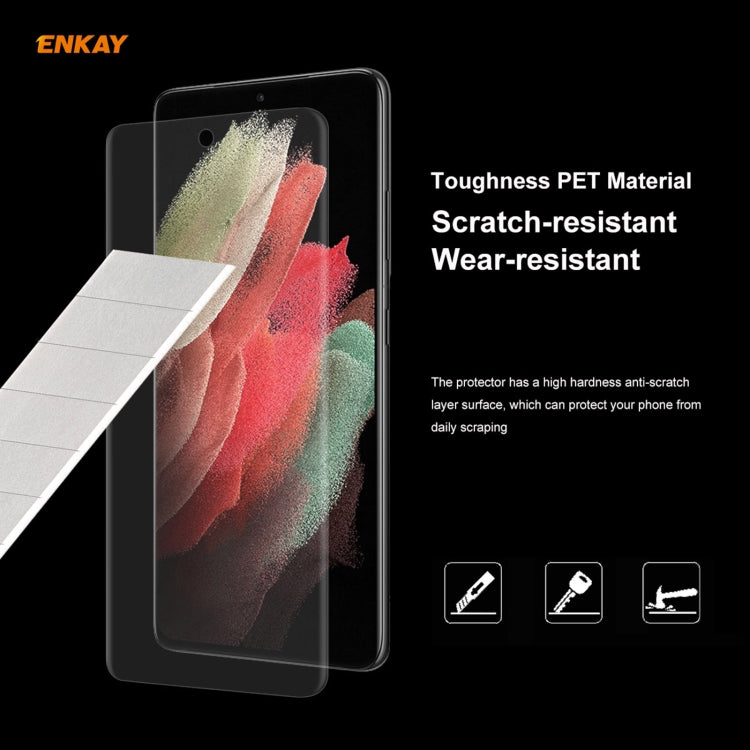 Transparent PET screen protector for Galaxy S21 Ultra, shown on phone front