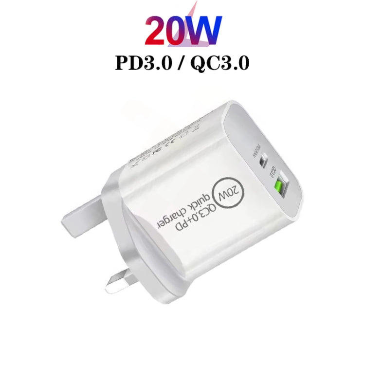White 20W PD/QC dual-port travel charger with UK plug and two USB outputs