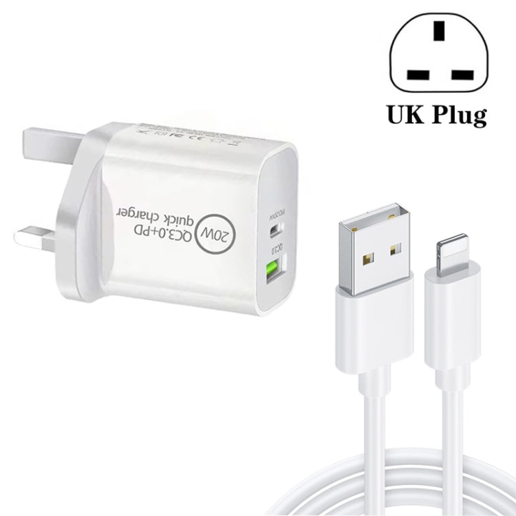 White UK-plug dual USB fast charger with USB to 8-pin charging data cable