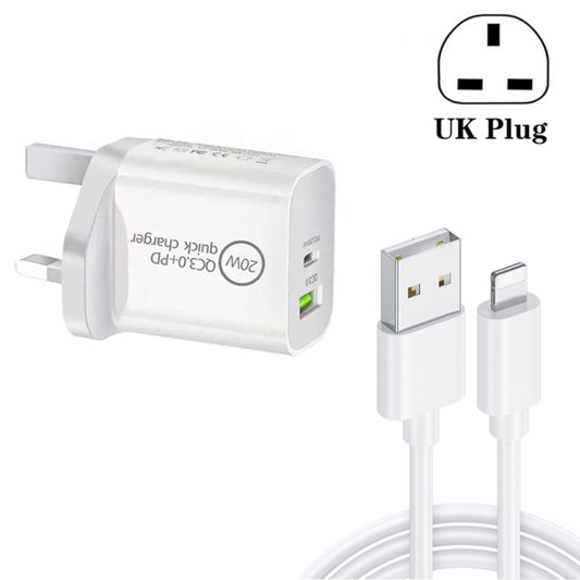 White UK-plug dual USB fast charger with USB to 8-pin charging data cable