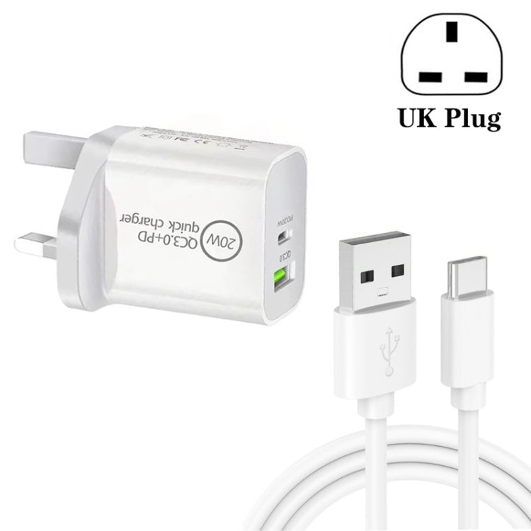 White dual-port wall charger with UK plug and USB to Type-C fast charging cable