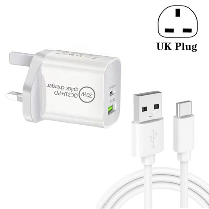 White dual-port wall charger with UK plug and USB to Type-C fast charging cable