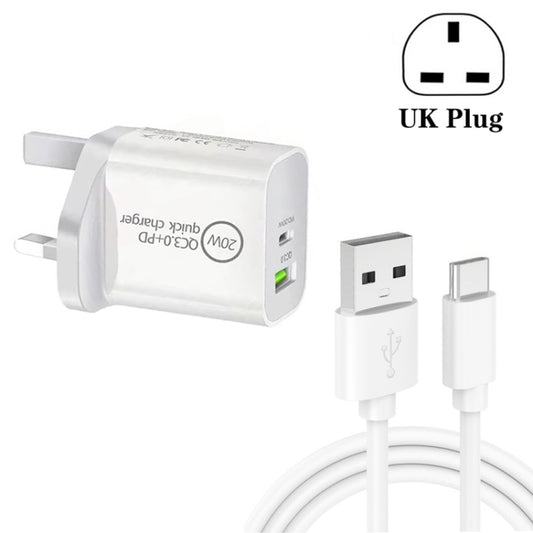 White dual-port wall charger with UK plug and USB to Type-C fast charging cable