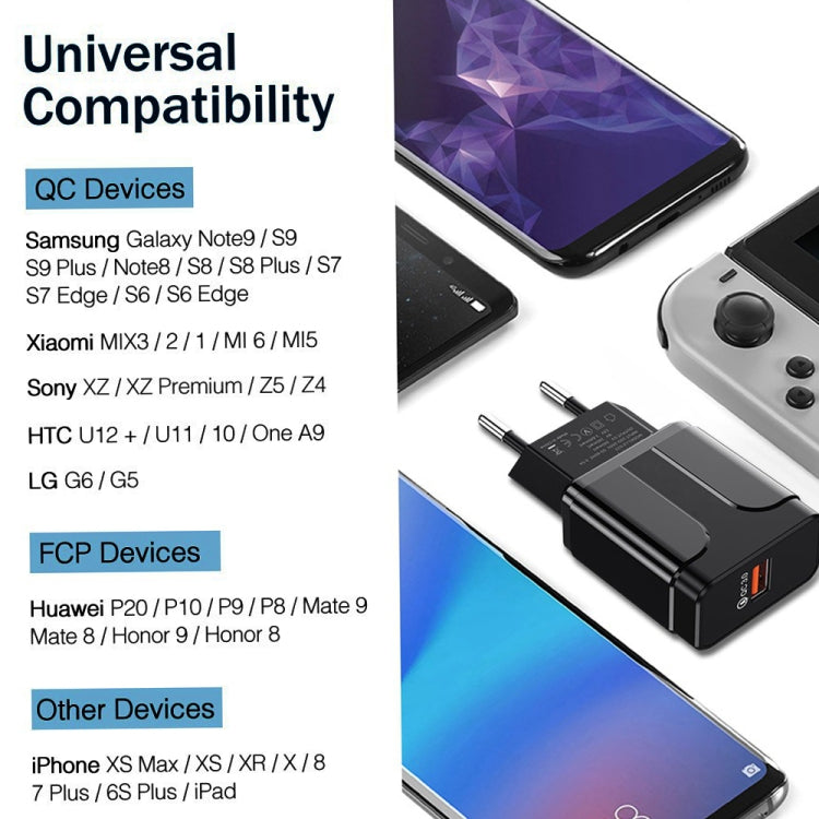 LZ-023 18W QC 3.0 USB Portable Travel Charger + 3A USB to Micro USB Data Cable, EU Plug, Micro USB Data Cable, EU Plug