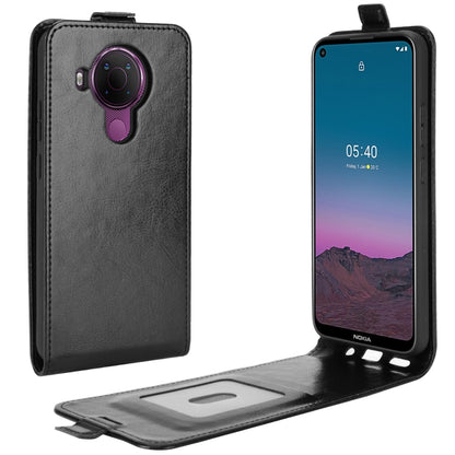 Black vertical flip leather phone case with camera cutout and stand