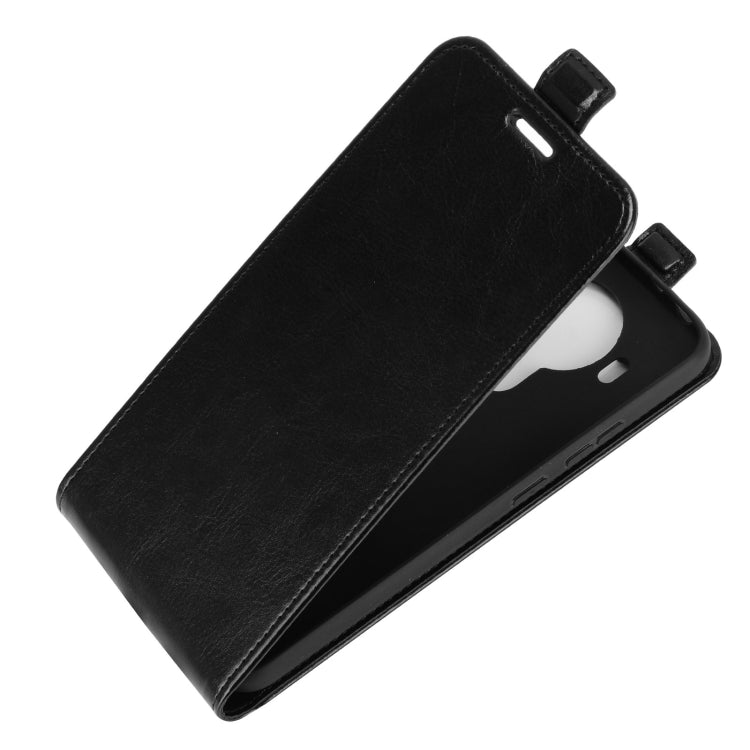Black leather vertical flip phone case with magnetic closure and stand