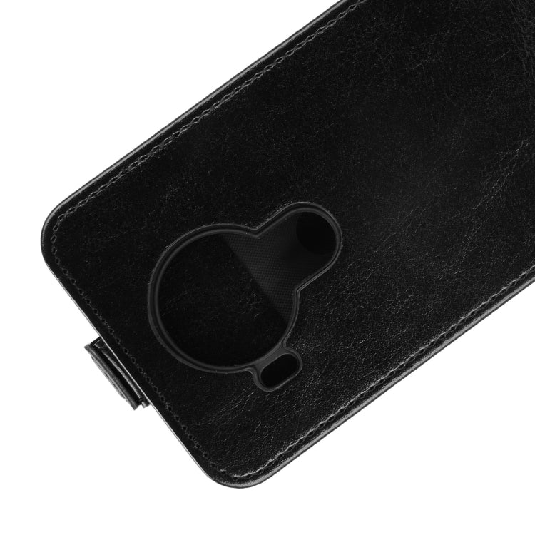 Black leather flip phone case with textured finish and camera cutout