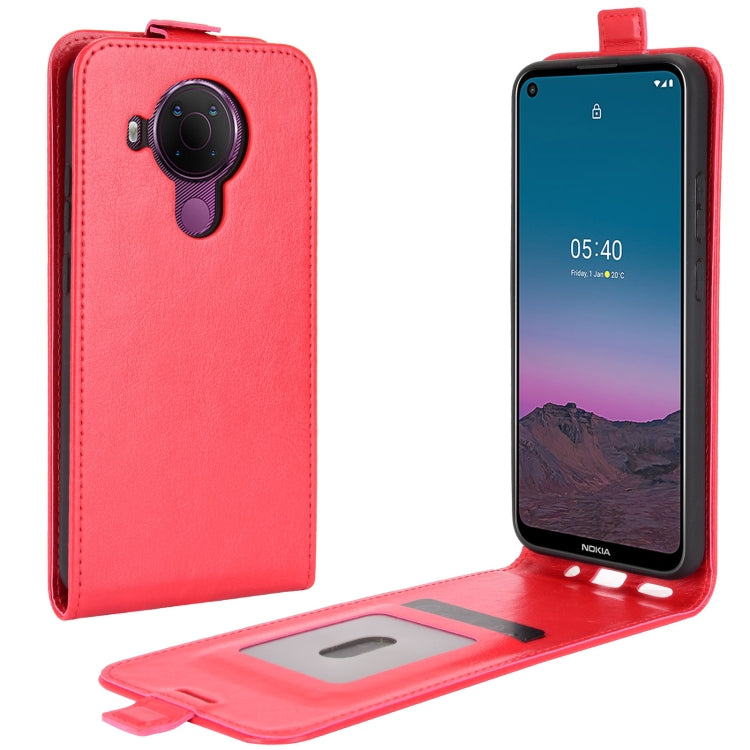 Red vertical flip leather phone case with camera cutout and built-in stand