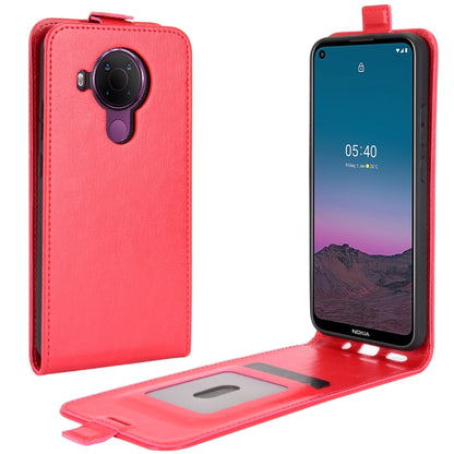 Red vertical flip leather phone case with camera cutout and built-in stand