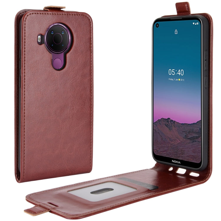 Brown vertical flip leather phone case with camera cutout and card slot