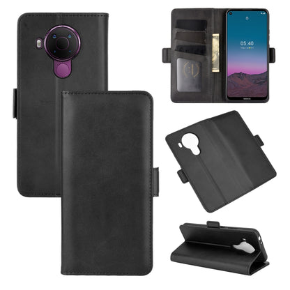 Black leather flip phone case with magnetic buckle, card slots, and stand