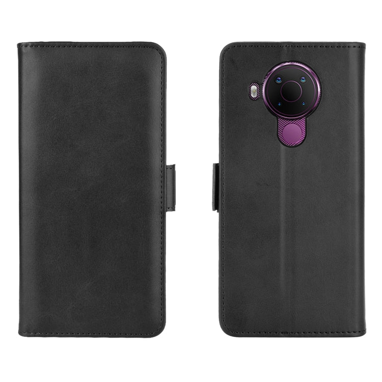 Black leather flip phone case, front and back view with camera cutout
