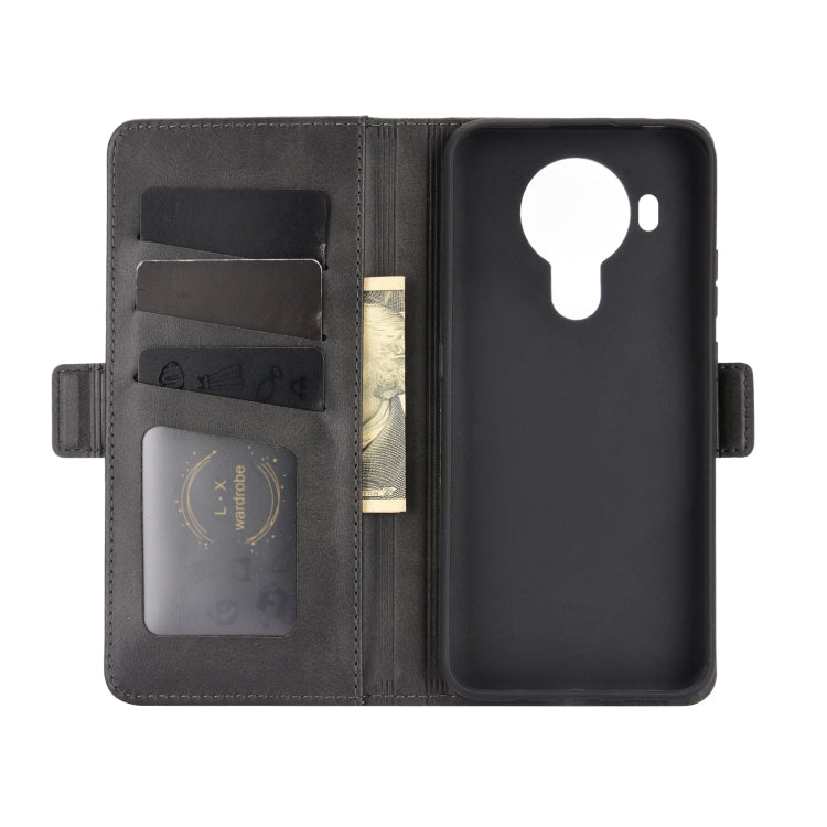 Black leather flip phone case opened view with card slots and camera cutout