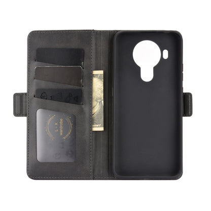 Black leather flip phone case opened view with card slots and camera cutout