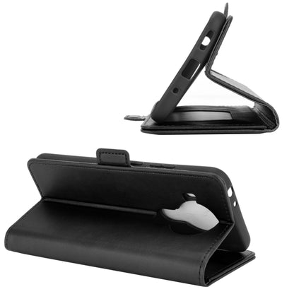 Black leather flip phone case with built-in stand for horizontal viewing