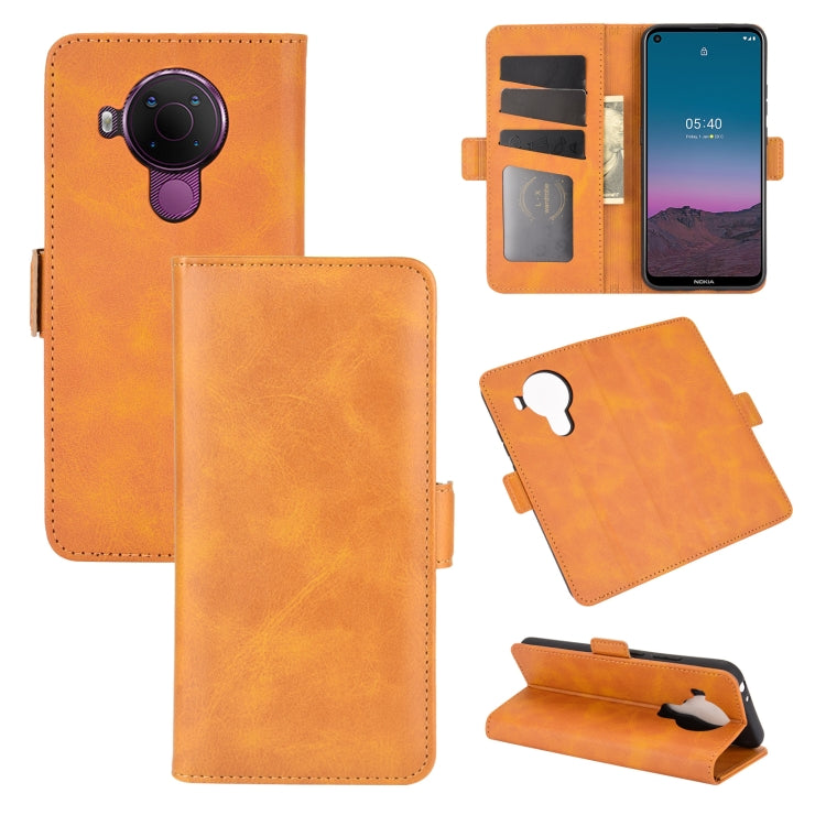 Tan leather flip phone case with magnetic buckle, card slots, and stand