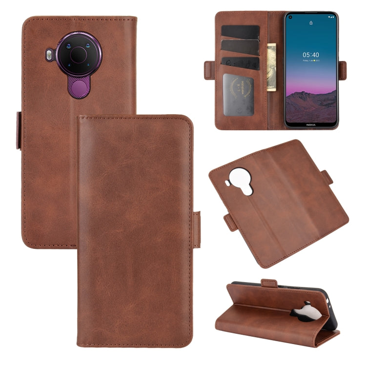 Brown leather flip phone case with magnetic buckle, card slots, and stand