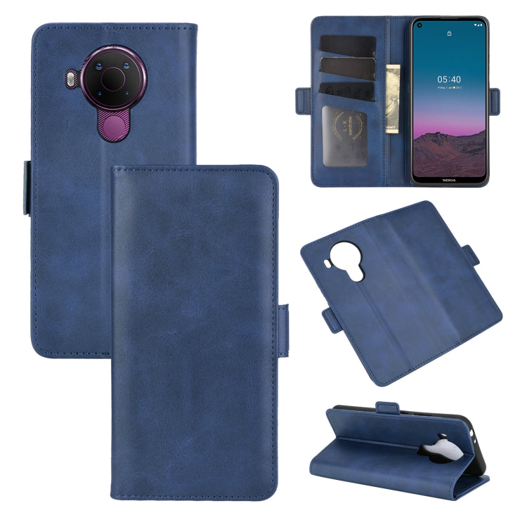 Dark blue leather flip phone case with magnetic buckle, card slots, and stand