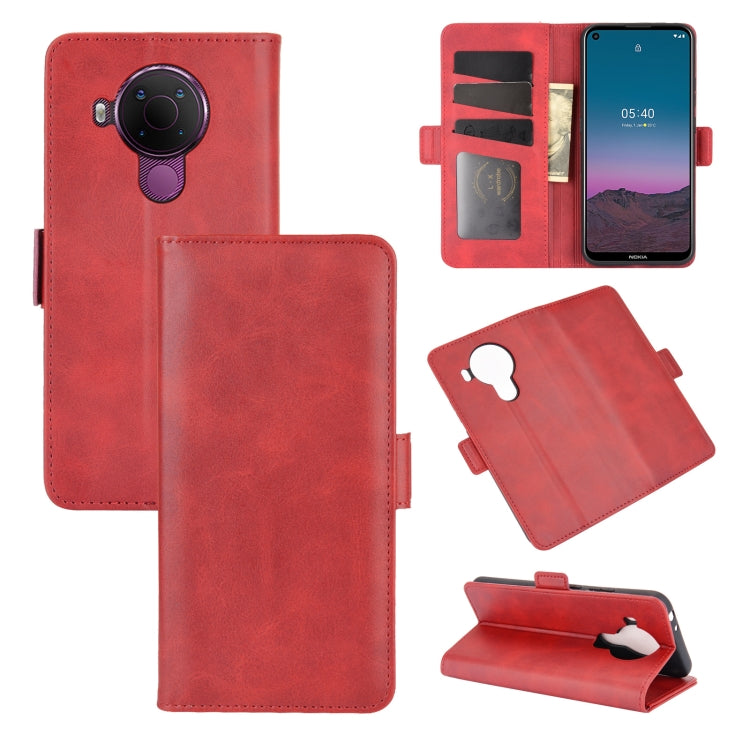 Red flip leather phone case with magnetic buckle, card holder and stand