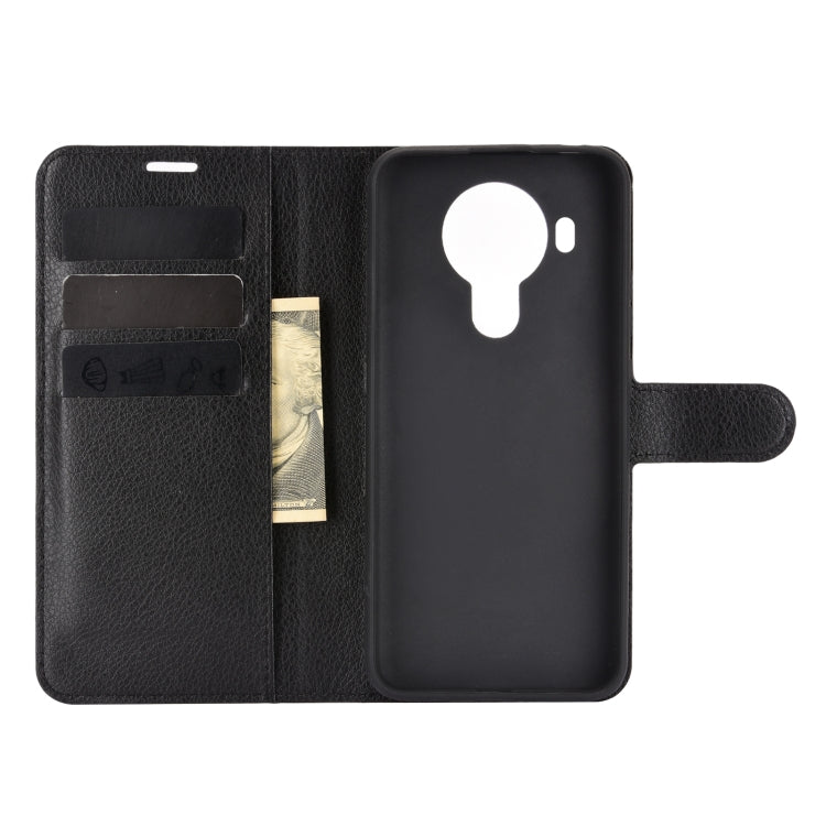 Black litchi-texture flip phone case with inner card slots and open viewing stand