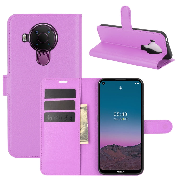 Purple litchi-texture flip wallet phone case with card slots and stand cover