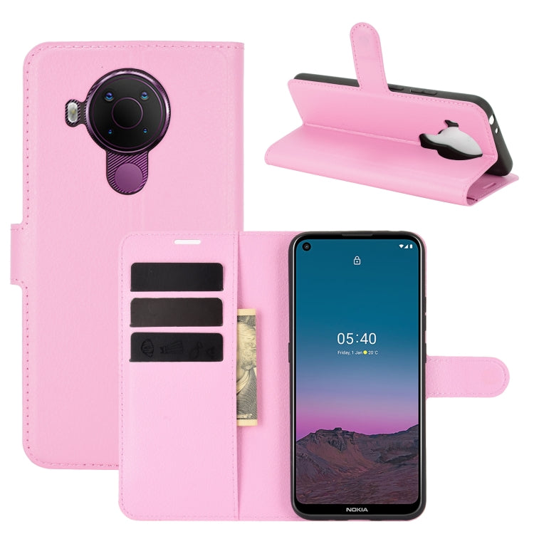 Pink litchi-texture wallet flip case with card slots for Nokia 5.4, stand view