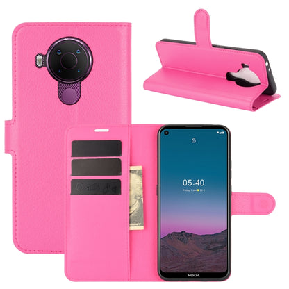 Rose pink litchi-texture wallet flip case with card slots for Nokia 5.4, stand view