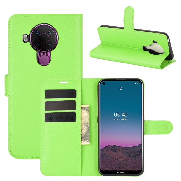 Green litchi-texture wallet flip case with card slots for Nokia 5.4, stand view