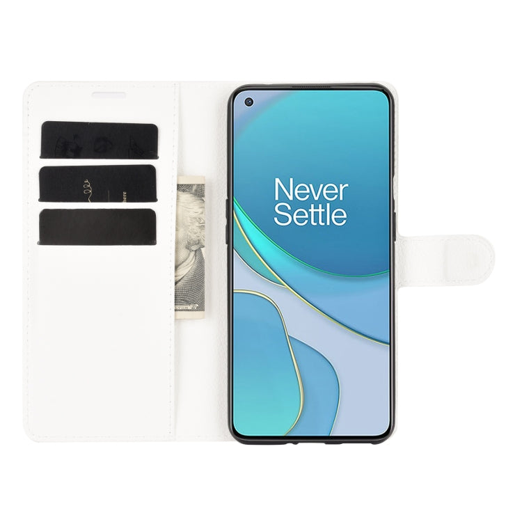 White flip wallet case with phone front display, card slots, and stand holder